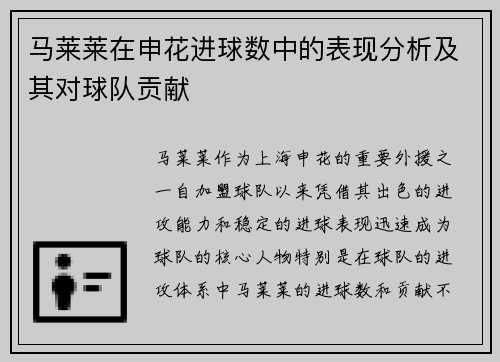 马莱莱在申花进球数中的表现分析及其对球队贡献